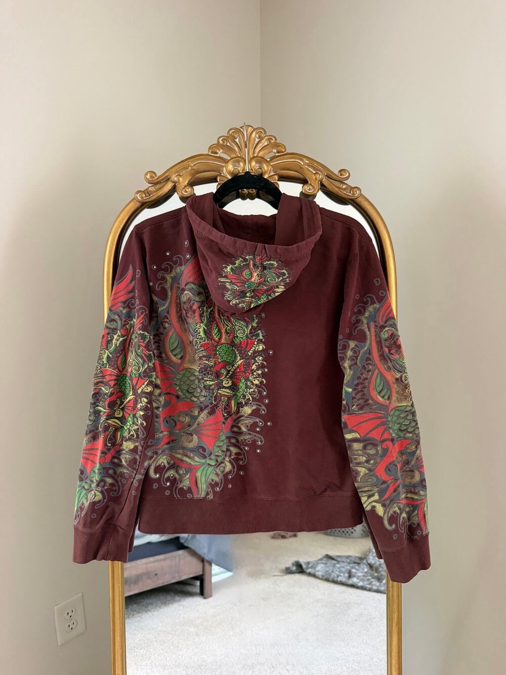 Vintage Y2K Circle of Life Embellished Maroon Red Zip Up Sweatshirt Hoodie